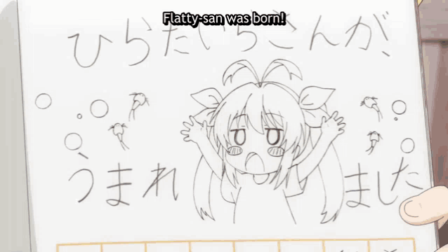 a girl with purple hair is peeking over a piece of paper that says " flatty-san was born "