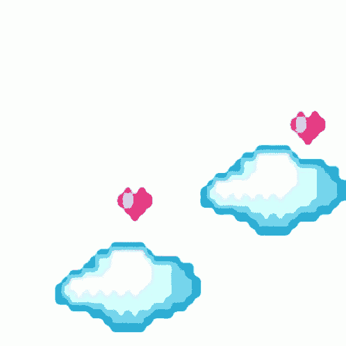 a pixel art drawing of clouds and hearts with the word love written in pink