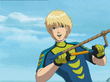 a cartoon of a boy holding a rope with a dragon in the background
