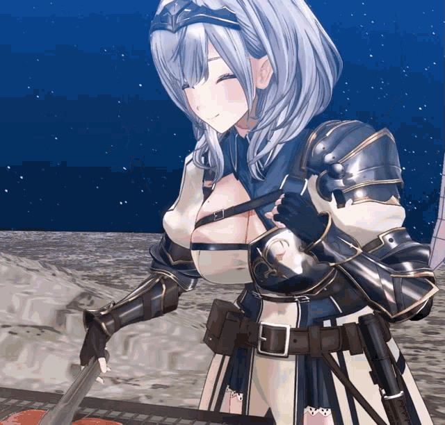 a female anime character with a sword and shield