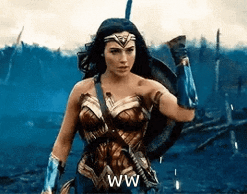 wonder woman is holding a shield and a sword in her hand .