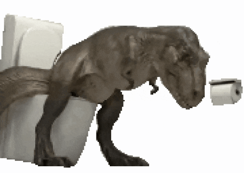 a t-rex is sitting on a toilet next to a roll of toilet paper .