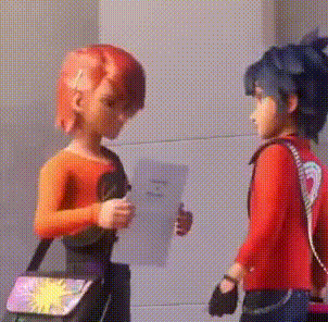 a couple of cartoon characters are standing next to each other .