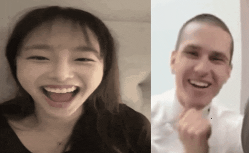 a woman and a man are smiling and laughing together