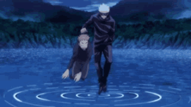 a couple of anime characters are running in the water