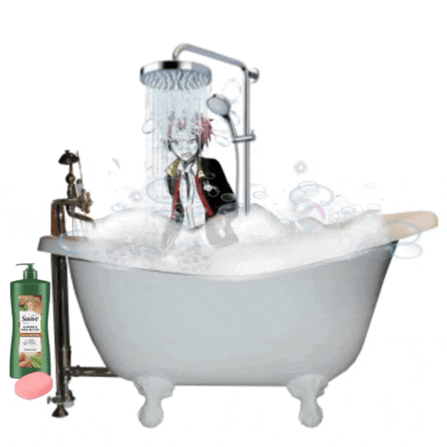 a person is taking a bath in a bathtub next to a bottle of saine