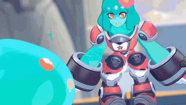 a cartoon character with a flower in her hair is holding a blue sphere