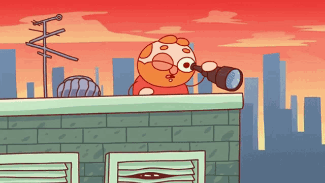 a cartoon character looking through a telescope on a rooftop