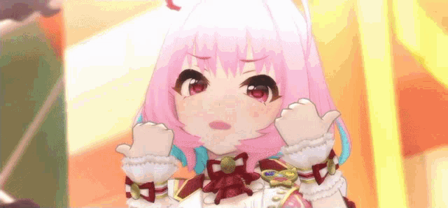 an anime girl with pink hair and red eyes is making a funny face