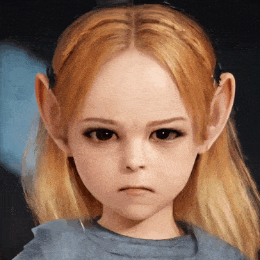 a little girl with blonde hair and big ears looks angry