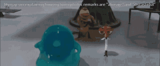 a video game scene with the words " my gay son explaining how my homophobic remarks are abusive and distasteful " at the top