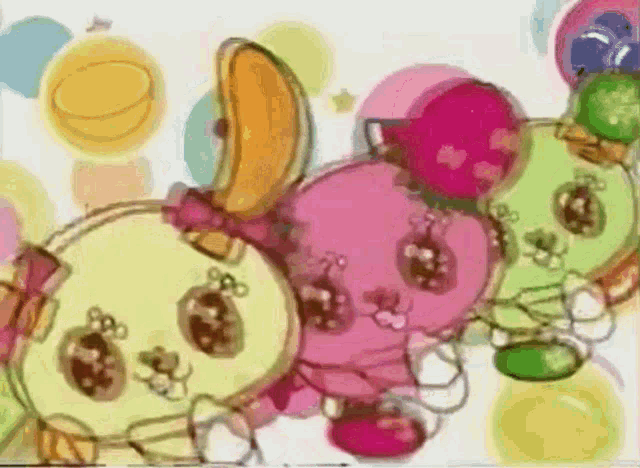 a colorful drawing of a bunch of stuffed animals with balloons in the background