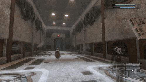 a person in a video game is walking through a hallway with a red light on the ceiling