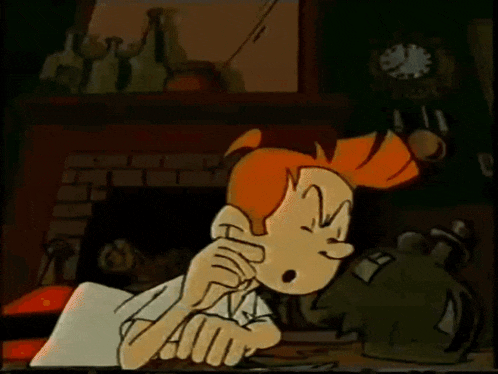a cartoon character scratching his head in front of a fireplace and a clock