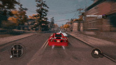 a video game shows a car driving down oncoming lane
