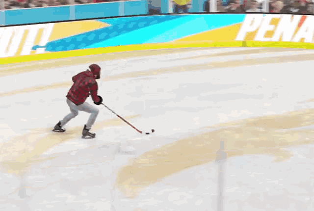 a hockey goalie is getting ready to make a save while a man in a plaid shirt stands behind him