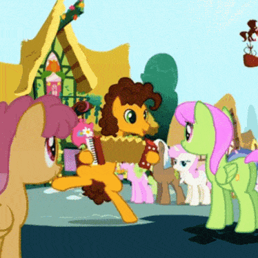 a cartoon pony is playing an accordion in front of a house