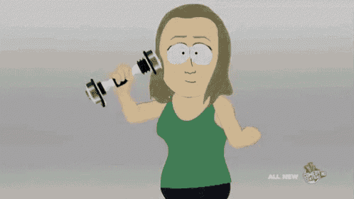 a cartoon of a woman crying while holding a dumbbell in her hand