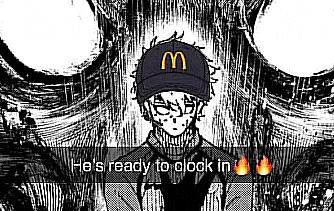 a man wearing a mcdonald 's hat is standing in front of a monster .