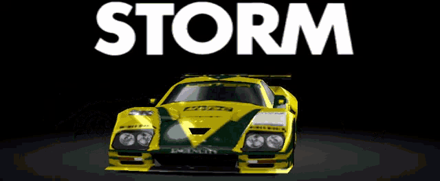 a yellow and green race car with the word storm on the top