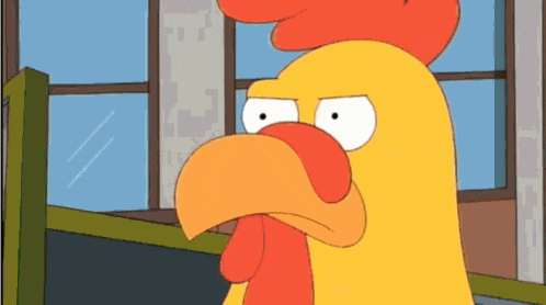a cartoon rooster with a large orange beak and a white face