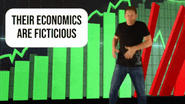 a man stands in front of a graph that says their economics are fictitious