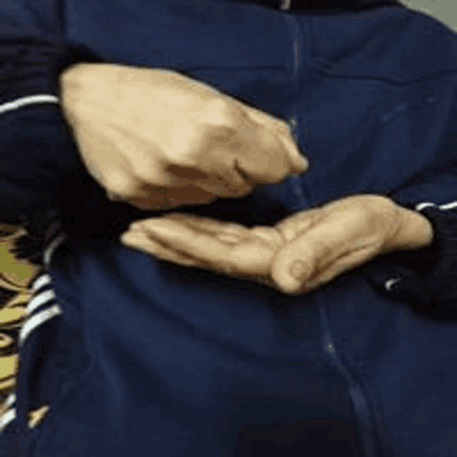 a person wearing a blue jacket is holding their hands together in a gesture .