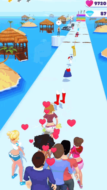 a group of people are walking down a path with hearts around them