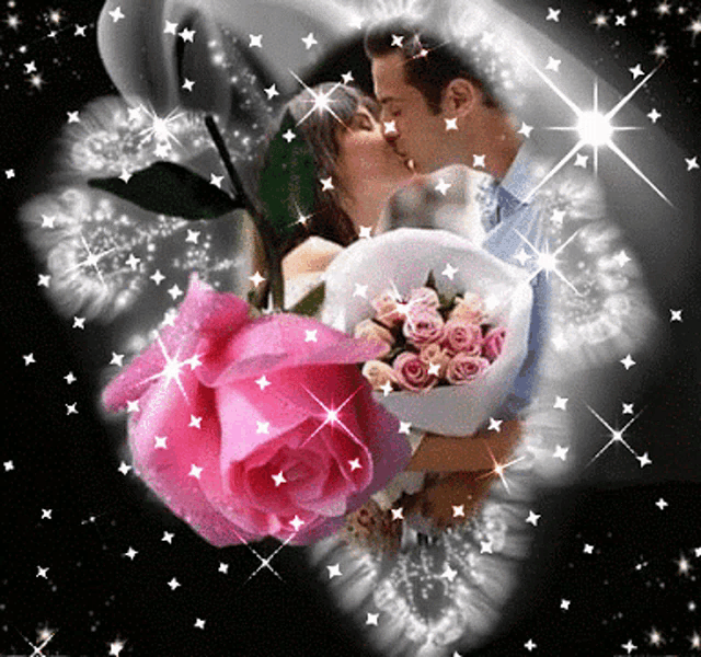 a man and woman kissing with a pink rose in the background