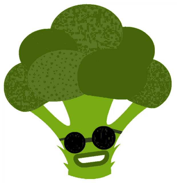 a cartoon illustration of a broccoli head wearing sunglasses