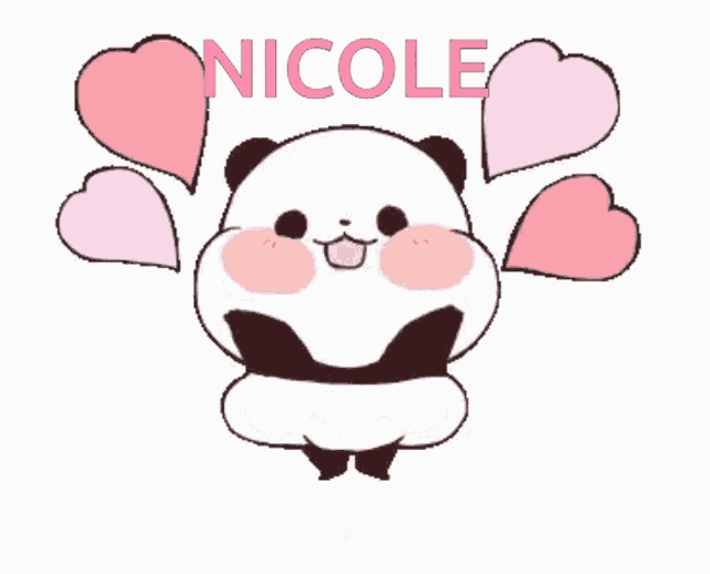 a panda bear with pink hearts and the name nicole above it