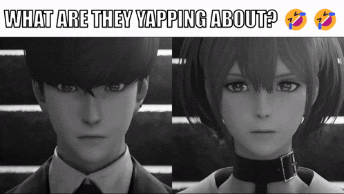 a black and white photo of a man and a woman with the words what are they yapping about