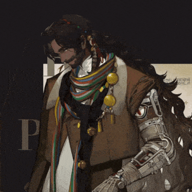 a drawing of a man with a scarf around his neck and the letter p in the background