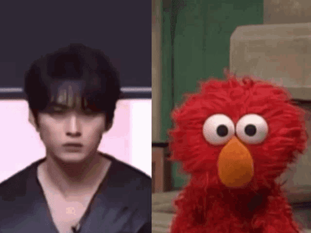 a close up of a man 's face next to a close up of elmo 's face .
