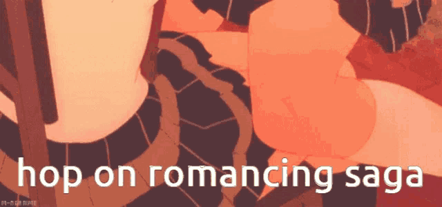 a picture of a girl with the words " hop on romancing saga "
