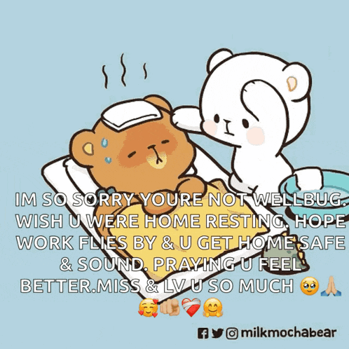a cartoon of a teddy bear laying in a bed with a thermometer on his forehead