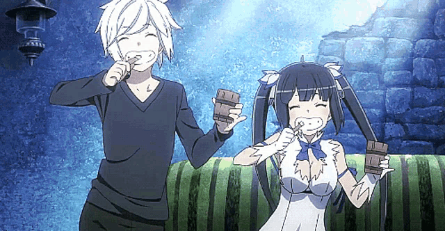 a boy and a girl are brushing their teeth and holding wooden barrels