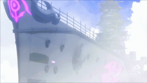 a large ship with a purple emblem on the side of it