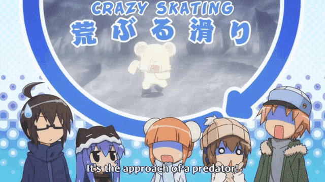 a group of anime characters are standing in front of a poster that says crazy skating it 's the approach of a predator