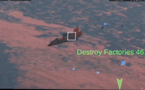 a computer screen shows a fighter jet flying in the sky and the words destroy factories 46.5 below it