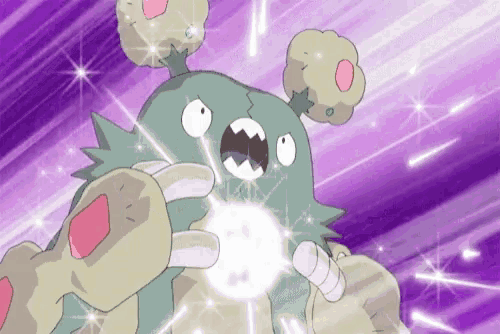 a cartoon character with a purple background is holding a glowing object in its hand .