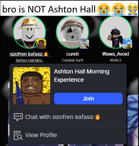 a screenshot of a chat with sizofren kafasiz and ashton hall morning experience