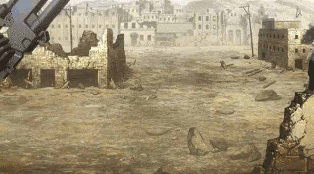 a painting of a destroyed city with a gun in the background