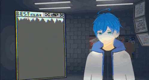 a cartoon character with blue hair stands in front of a best chat screen