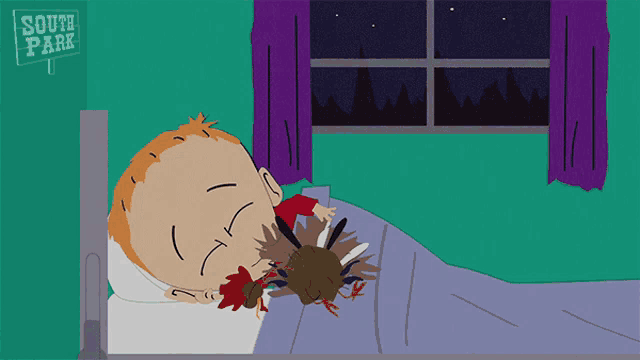 a cartoon of a child sleeping in a bed with a sign that says south park