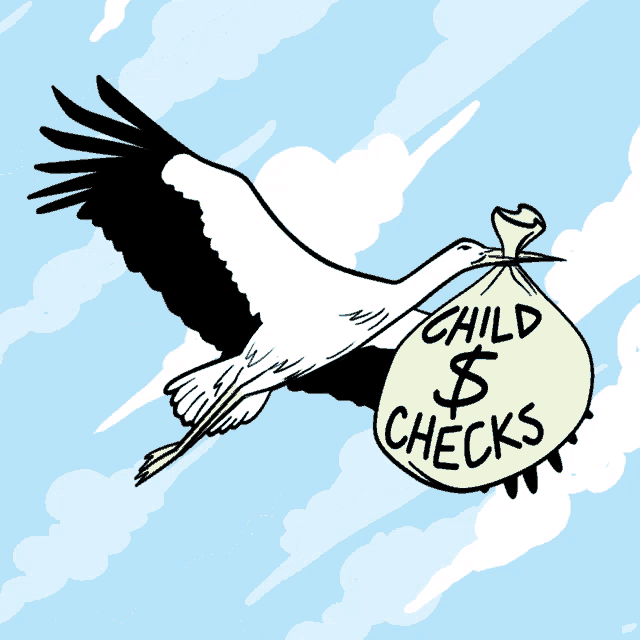 a cartoon stork is carrying a bag of child checks