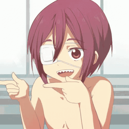 a girl with a bandage on her eye is pointing at something