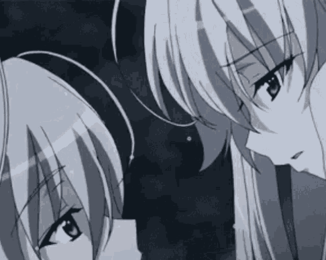 two anime girls are looking at each other with their eyes closed .