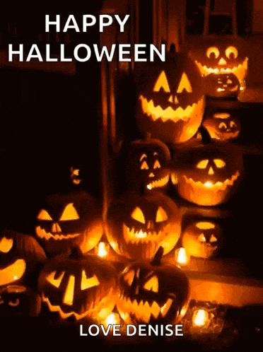 a bunch of pumpkins with faces carved into them and the words happy halloween love denise on the bottom