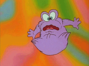 a purple cartoon character with a surprised look on his face is flying through the air .